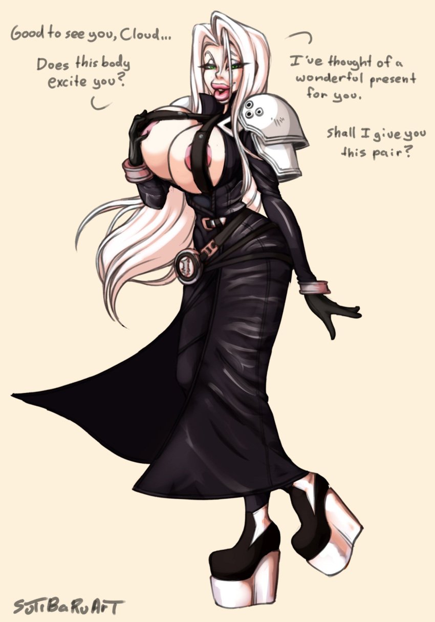 1girls bimbo bimbo_lips bimbofication bimbofied cloud_strife duck_face english_text female_only final_fantasy final_fantasy_vii final_fantasy_vii_remake high_heels huge_breasts hyper_bimbo long_hair mature_female milf milfification mtf_transformation platform_footwear rule_63 sephimom sephiroth simple_background small_waist sutibaru sutibaruart tight_clothing transformation