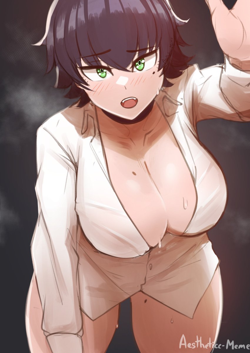 1girls absurdres aestheticc-meme alex/tomboy-chan black_hair breasts cleavage female female_only green_eyes headpat highres huge_breasts looking_at_viewer mole mole_on_breasts mole_on_thigh original receiving_headpat solo sweat sweatdrop tomboy