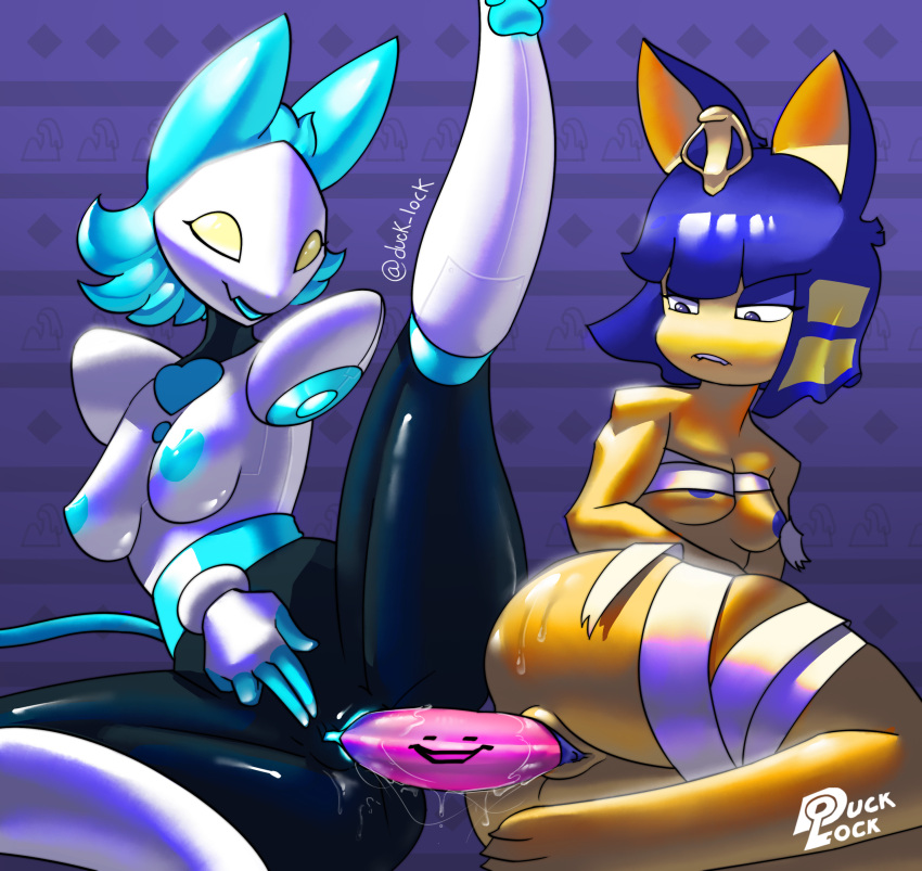 2girls absurd_res animal_crossing ankha anthro bandage bodily_fluids crossover deltarune dildo domestic_cat double_dildo duck_lock duo expressive_object felid feline felis female female/female genital_fluids genitals hi_res machine mammal monster multiple_girls nintendo nubert penetration pussy pussy_juice robot sex_toy tasque_manager_(deltarune) toy vaginal_penetration video_games yuri