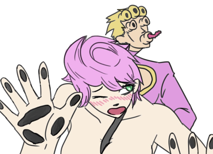 against_screen between_breasts block_(artist) blushing embarrassed female_focus female_penetrated giorno_giovanna jojo's_bizarre_adventure meme open_mouth pale-skinned_female pale_skin pink_hair sex submissive_female tongue_out trish_una upper_body vento_aureo