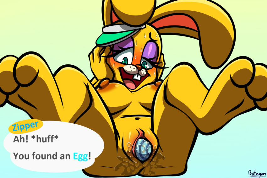 3:2 animal_crossing anthro blush bodily_fluids breasts buckteeth dialogue egg english_text eyeshadow female furry furry_only genital_fluids genitals green_eyes hi_res lagomorph leporid makeup mammal nintendo nipples nude precum protagon pussy rabbit solo sweat text vaginal_penetration video_games zipper_t._bunny