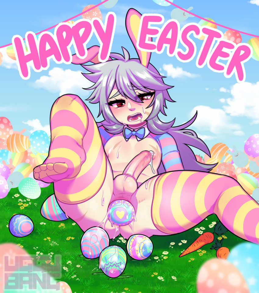 1boy anal anal_beads anal_insertion anal_juice artist_name big_penis bowtie bunny_ears cum easter easter_egg egg_laying feet femboy gay genshin_impact girly gray_hair hair_between_eyes long_hair male nipples no_shoes nude open_mouth outdoors razor_(character) razor_(genshin_impact) red_eyes reverse_bunnysuit scar stockings striped_legwear sweat thick_thighs thighhighs trap uggu_bang yaoi