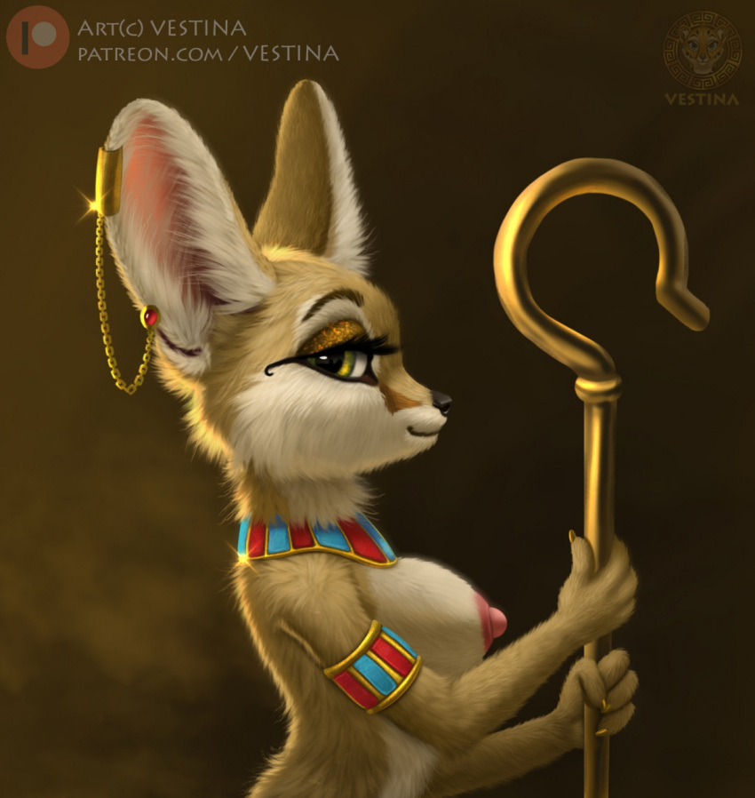 2021 ancient ancient_egypt anthro black_nose bracelet breasts canid canine crook digital_media_(artwork) ear_piercing egyptian female fennec fox fur gold_(metal) gold_jewelry half-length_portrait hi_res jewelry looking_at_viewer mammal necklace nipples nude piercing portrait side_boob side_view signature smile solo tan_body tan_fur text url vestina