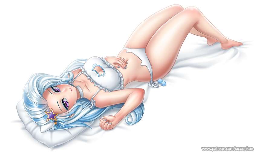 1girls bed blue_hair blush bra cat_keyhole_bra cat_keyhole_lingerie cat_lingerie cleavage cleavage_cutout female friendship_is_magic hasbro human humanized light_blue_hair long_hair lying lying_down my_little_pony not_furry panties pinup pose racoonkun seductive sheets trixie_(mlp) underwear wide_hips