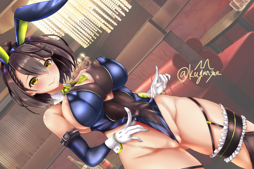 :> animal_ears areola_slip artist_name ass_visible_through_thighs azur_lane baltimore_(azur_lane) bare_shoulders between_breasts black_thighhighs blush braid breasts chandelier closed_mouth clothes_pull clothing_cutout commentary covered_nipples detached_collar detached_sleeves dot_nose dutch_angle fake_animal_ears female forehead garter_straps gloves green_necktie hair_between_eyes highleg highleg_swimsuit highres indoors kuga_zankurou large_breasts legs_apart necktie necktie_between_breasts nipple_slip nipples no_bra no_panties playboy_bunny pussy signature smile solo standing swimsuit swimsuit_pull thigh_strap thighhighs thighs underboob underboob_cutout wedgie white_gloves yellow_eyes