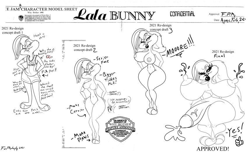 absurd_res big_breasts bimbo bimbofication bodily_fluids breast_expansion breasts cum english_text female flat_chested foxpawmcfly genital_fluids genitals gynomorph hi_res huge_breasts intersex lactating lips lola_bunny looney_tunes milk model_sheet monochrome nude penis pussy simple_background space_jam text thick_lips warner_brothers