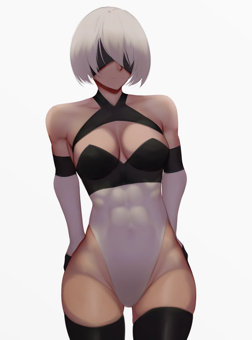 abs android arms_behind_back athletic athletic_female belly belly_button blindfold breasts breasts_apart cleavage closed_mouth clothed elbow_gloves emotionless expressionless female female_focus female_only gloves hand_on_ass hand_on_own_ass holding_own_ass leotard medium_breasts navel nier nier:_automata nose robot robot_girl see-through see-through_belly simple_background solo solo_female solo_focus square_enix thick_thighs thighhighs thighs tomboy white_background white_hair wide_hips yorha_2b zaki_btw