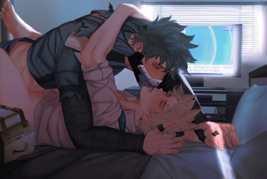 2boys barefoot bed blonde_hair currynim gay hero_outfit_(mha) implied_penetration implied_sex izuku_midoriya katsuki_bakugou lying_down lying_on_back male male/male male_only male_penetrated male_penetrating male_penetrating_male mask masked missionary missionary_position my_hero_academia penetration tv yaoi