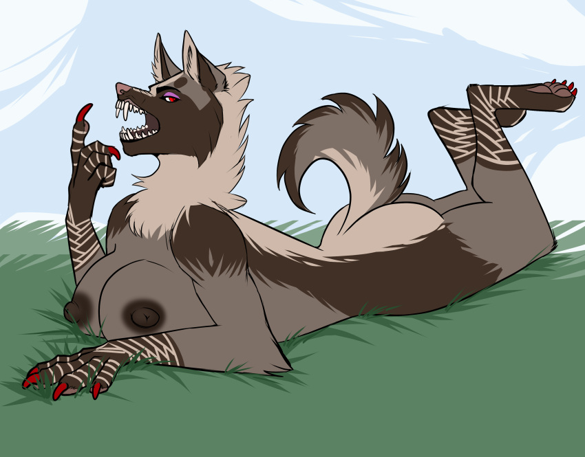 absurd_res african_wild_dog anthro breasts canid canine colored_nails dark_nipples female grass hi_res long_nails mammal nails nude outside plant pondering red_nails short_tail slim solo teeth vainovalkea