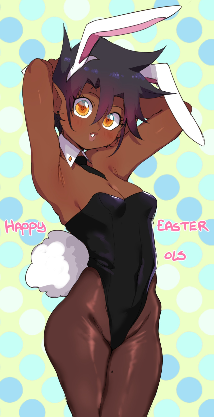 1girls absurd_res arms_behind_head black_hair bunny_ears bunny_girl bunny_tail bunnysuit dark-skinned_female dark_skin detached_collar easter english_text female female_only happy_easter legs_together lightsource looking_at_viewer necktie orange_eyes original original_character pantyhose pointy_ears short_hair small_breasts solo solo_female text wrist_cuffs zaffre_(lightsource)