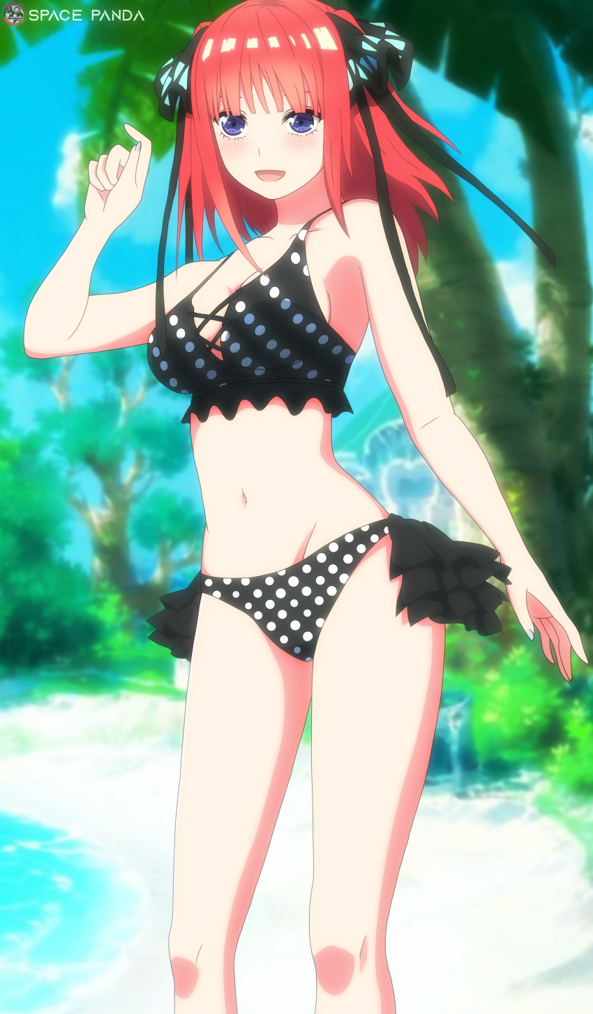 1girls absurd_res beach belly belly_button bikini bikini_bottom bikini_top blue_eyes blush colored female female go-toubun_no_hanayome looking_at_viewer nakano_nino open_mouth pattern_clothing pink_hair pose ribbon ribbons short_hair smile smiling smiling_at_viewer space-panda