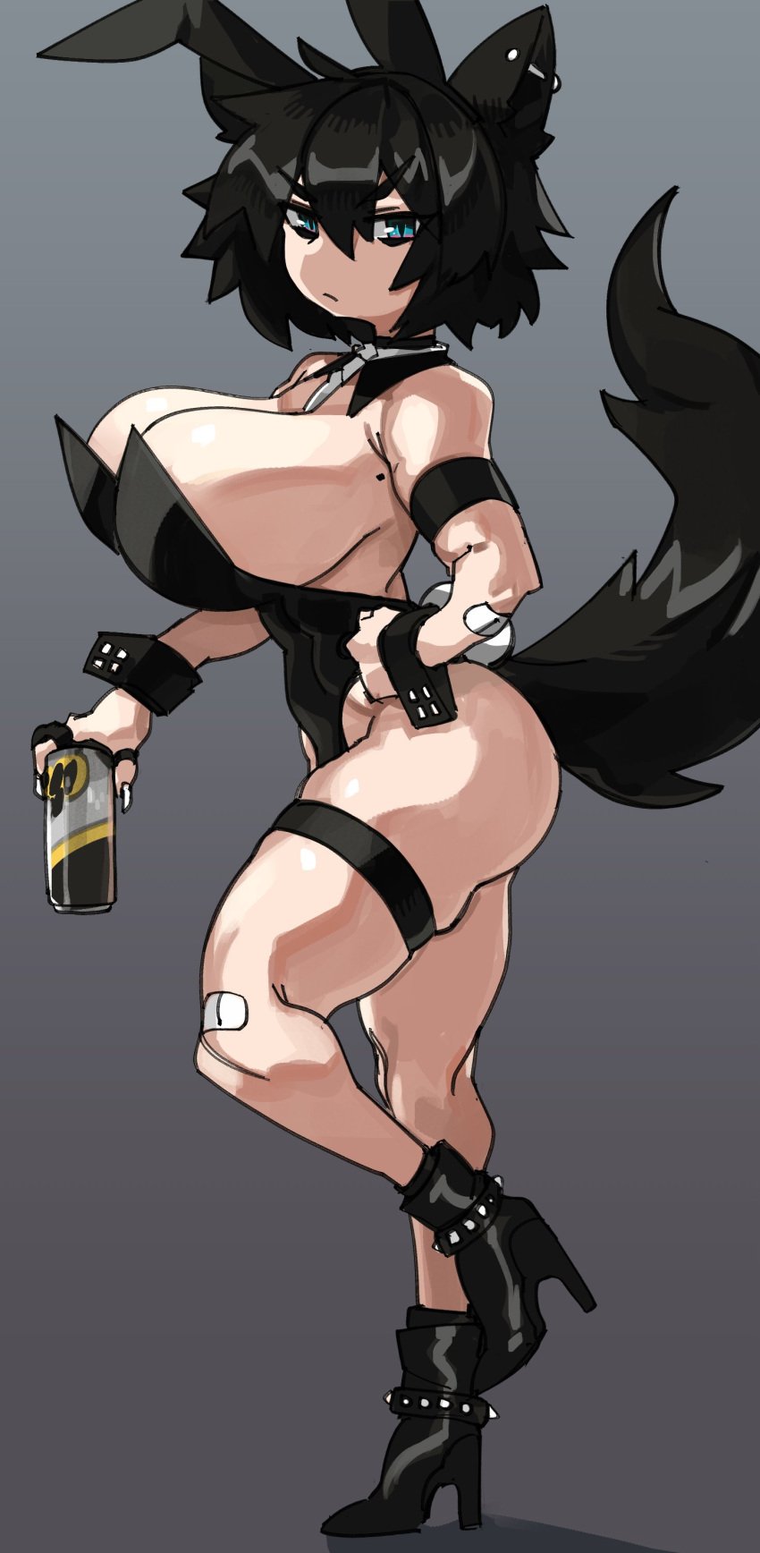 1girls armband bandage bent_leg black_hair blue_eyes bunny_ears bunnysuit can canine cleavage detached_collar ear_piercing female female_only furry_tail goth grey_background hand_on_hip heel_boots holding_can humanoid legband light-skinned_female light_skin looking_at_viewer medium_hair mole_on_breast necktie original raine_(zanamaoria) side_view sideboob slit_pupils solo solo_female spiked_anklet tail thick_thighs unamused very_high_resolution wolf wolf_ears wolf_girl wolf_tail wrist_cuffs zanamaoria