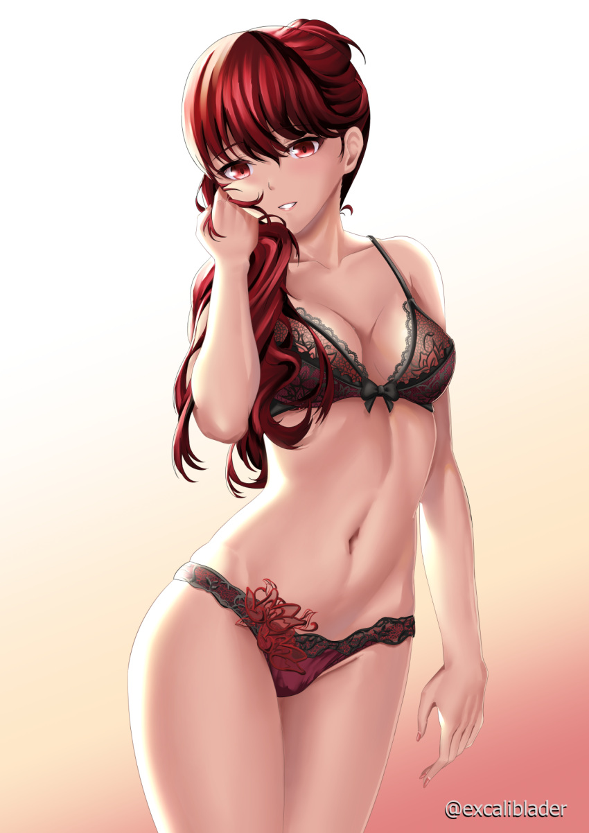 1girls atlus blush bra breasts cleavage collarbone excaliblader eyebrows_visible_through_hair female frilled_bra frills highres holding kasumi_yoshizawa legs_together lingerie long_hair looking_at_viewer matching_underwear medium_breasts navel panties persona persona_5 persona_5_royal picot_trim picot_trim_bra ponytail red_bra red_hair red_panties simple_background solo standing sumire_yoshizawa thighs twitter_username underwear_only