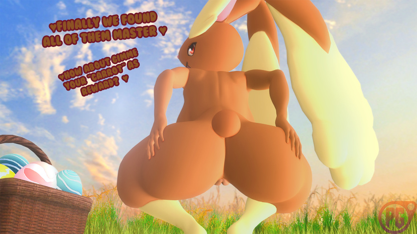 16:9 3d_(artwork) anthro ass big_butt butt_focus dialogue digital_media_(artwork) easter egg female genitals grass hi_res holidays looking_at_viewer lopunny nintendo outside pervertguy341 plant pokémon_(species) pokemon pokemon_(species) pussy red_eyes sky solo source_filmmaker video_games widescreen