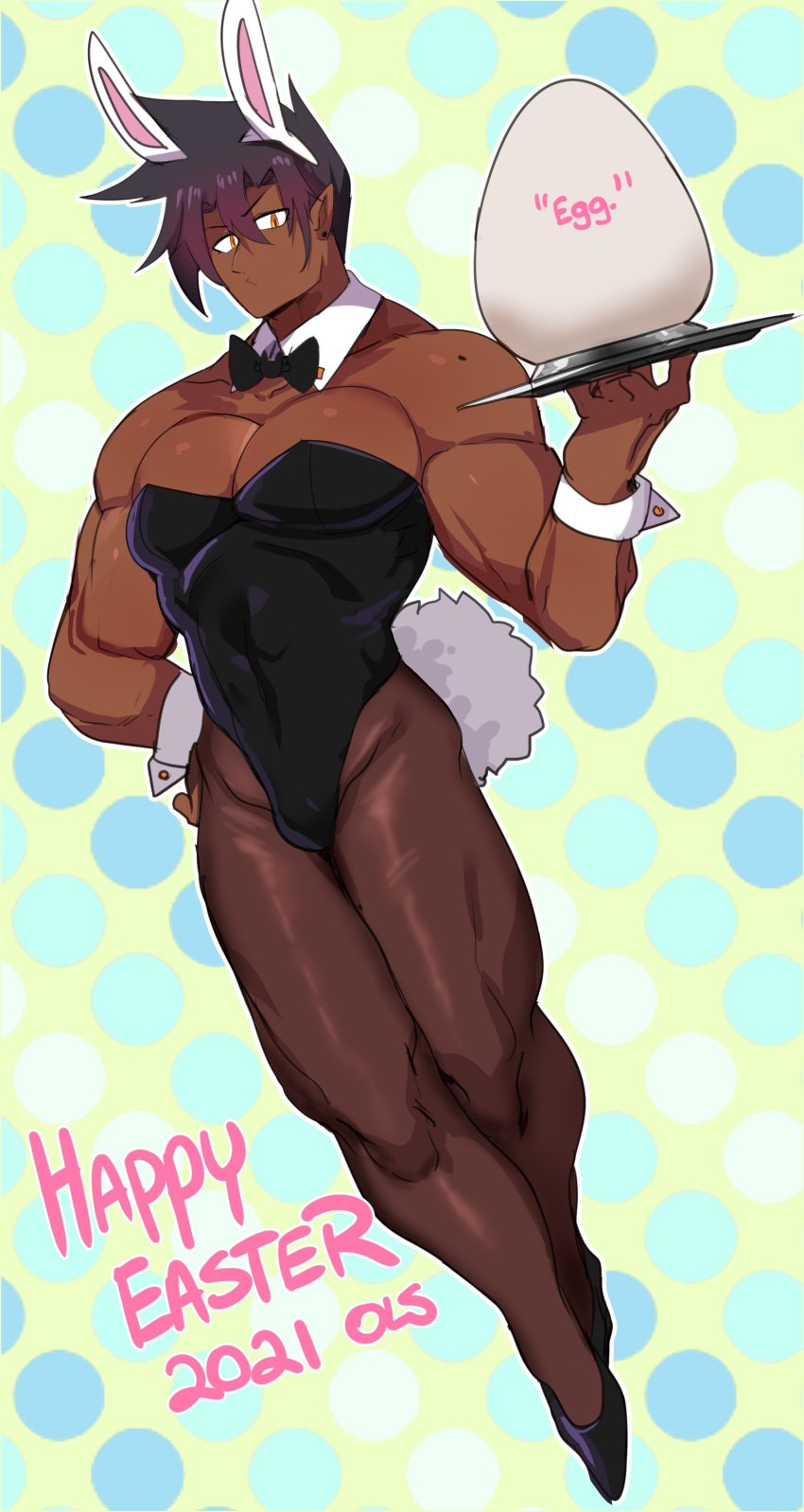 1boy absurd_res black_hair bunny_boy bunny_ears bunny_tail bunnysuit crossdressing dark-skinned_male dark_skin detached_collar easter egg english_text gay happy_easter heels holding_tray lightsource looking_at_viewer male male_only males_only manly_crossdresser muscles muscular muscular_male neck_ribbon original original_character pantyhose penis_bulge pointy_ears slit_pupils solo solo_male text tray wrist_cuffs yaoi zaffre_(lightsource)