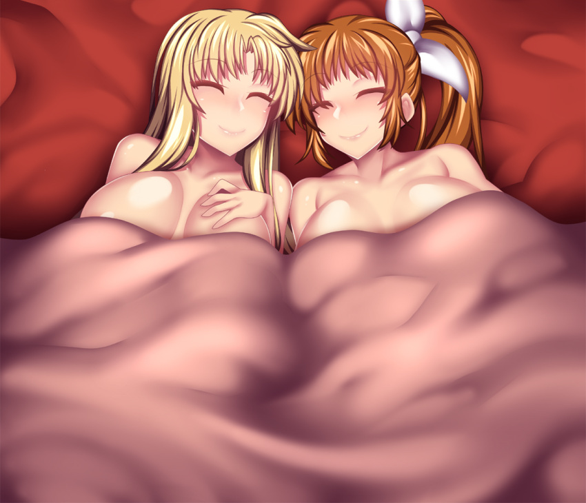 2girls bed blonde_hair brown_hair fate_testarossa female female_only fi-san huge_breasts long_hair lyrical_nanoha nanoha_takamachi sleeping takamachi_nanoha under_covers wholesome yuri