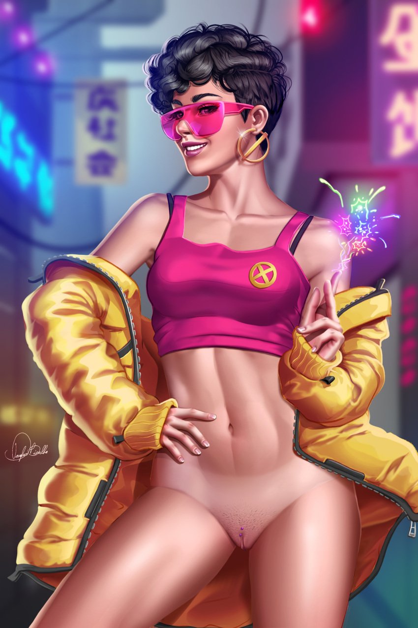 1girls alternate_version_available bikini_tan bottomless douglas_bicalho female female_only jubilee marvel marvel_comics piercing pink-tinted_eyewear pussy pussy_piercing shaved_pussy short_hair solo sunglasses suntan tanline tinted_eyewear vagina visor x-men