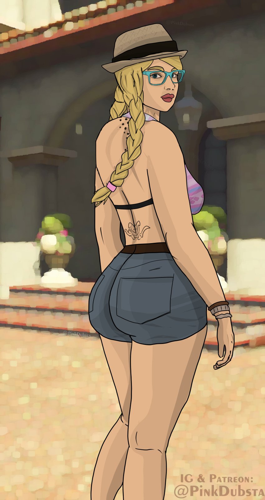 1girls big_ass big_breasts blonde_hair blue_eyes female female_only glasses grand_theft_auto grand_theft_auto_v hat looking_at_viewer looking_back pink_dubsta solo tattoo tracey_de_santa twintails white_skin