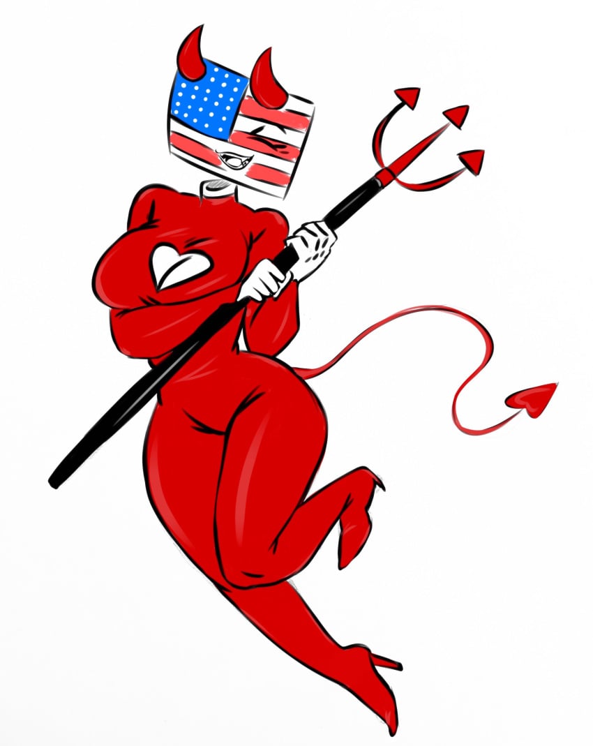 1girls american_flag bodysuit costume countryhumans countryhumans_girl demon_horns demon_tail devil_costume female flawsy high_heels holding_trident slippers solo trident united_states_of_america united_states_of_america_(countryhumans)