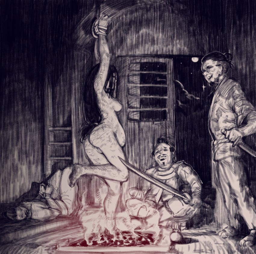 1girls 3boys anus arms_tied_above_head bondage bound_wrists brunette burnt clothed_male_nude_female cmnf coal completely_nude completely_nude_female dark_hair feet_torture fire fire_torture full_body hanging_by_arms hanging_by_wrists harsh-mallowz hot_coals indoors laugh laughing light-skinned_female long_hair night nude nude_female oc only_one_naked original pregnant pussy ryona scar scars spoils_of_war standing suspension sword torture