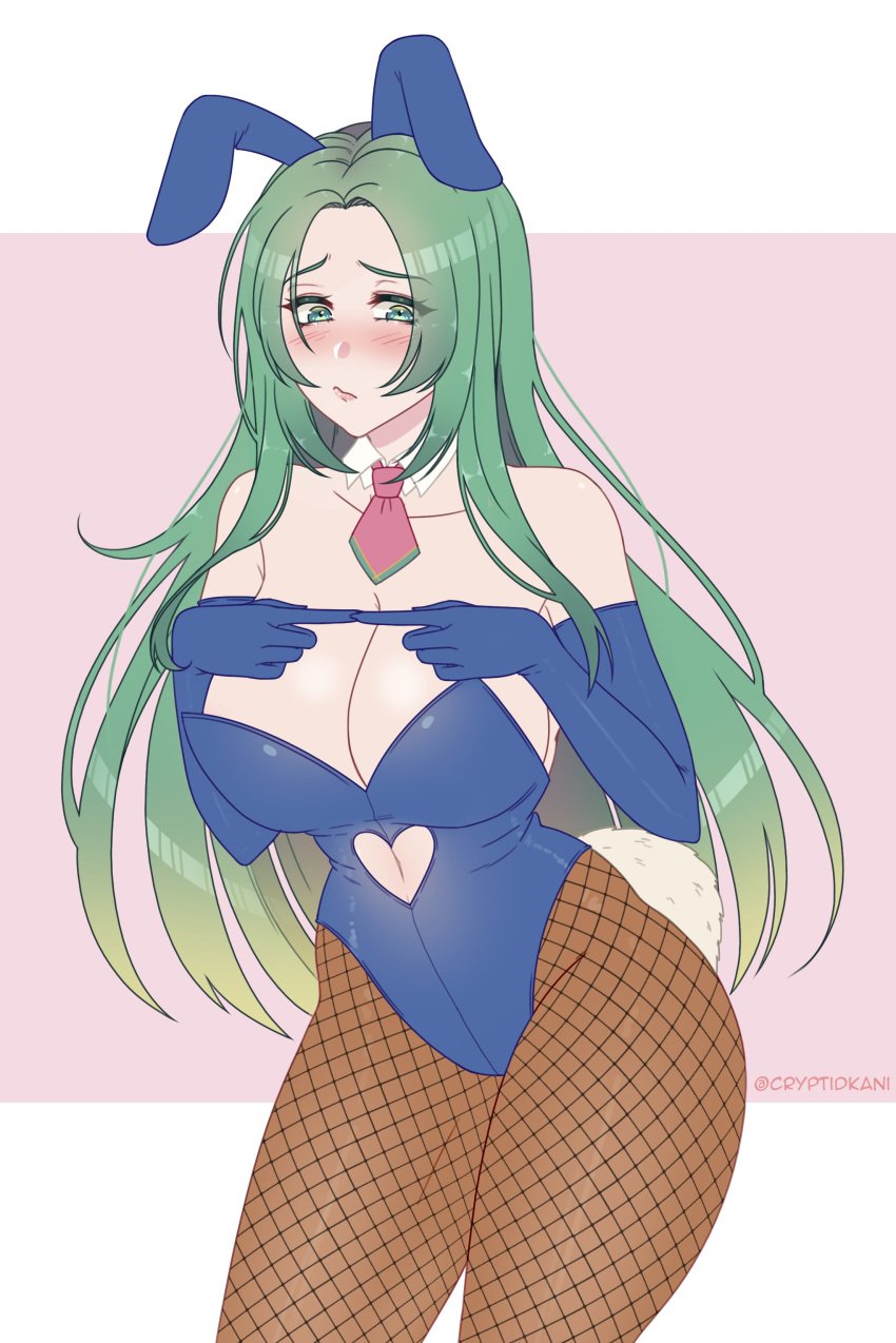 1girls alternate_breast_size bare_shoulders big_breasts breasts bunny_ears bunny_girl bunnysuit cleavage collarbone cryptid_crab elbow_gloves embarrassed fire_emblem fire_emblem:_path_of_radiance fire_emblem:_radiant_dawn fishnet_stockings fishnets gloves green_eyes green_hair index_fingers_together large_breasts long_hair looking_away nephenee_(fire_emblem) nintendo pantyhose shy solo solo_female