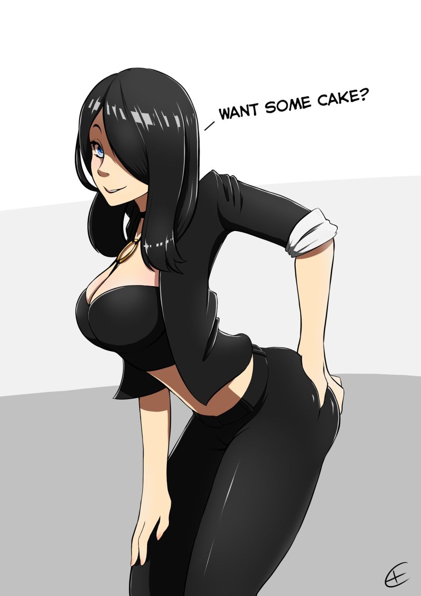 ass black_bra black_hair blue_eyes bra female female_focus female_only hair_over_one_eye hand_on_ass hand_on_butt light-skinned_female long_hair nerpriceart nila_(telepurte) oc original_character pants smile smiling_at_viewer solo_female telepurte thighs voluptuous