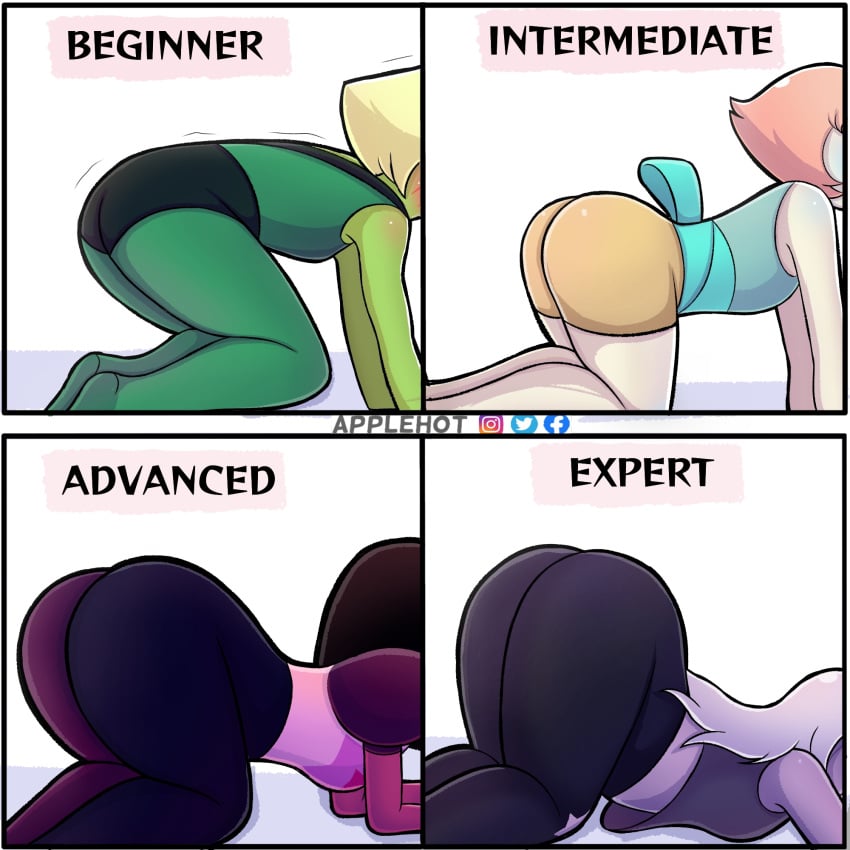 4girls alien amethyst_(steven_universe) applehot artist_name ass ass_raised ass_up beginner_intermediate_advanced_expert bent_over cartoon_network crystal_gem english_text female female_only garnet_(steven_universe) gem_(species) gem_fusion long_hair meme multiple_girls on_all_fours on_knees pants pearl_(steven_universe) peridot_(steven_universe) short_hair shorts sleeveless sleeveless_shirt steven_universe text trembling