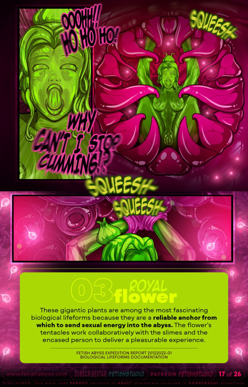 ahe_gao arms_behind_head arms_tied arms_tied_above_head comic comic_page encased encasement fetish_studio fetishabyss fetishstudio full_color latex legs_held_open legs_over_head legs_spread open_legs open_mouth plant plant_girl plant_humanoid plant_transformation plants pleasure_face pleasured rubber slime slime_encasement slimes story_at_source tentacle_room tight_pussy transformation