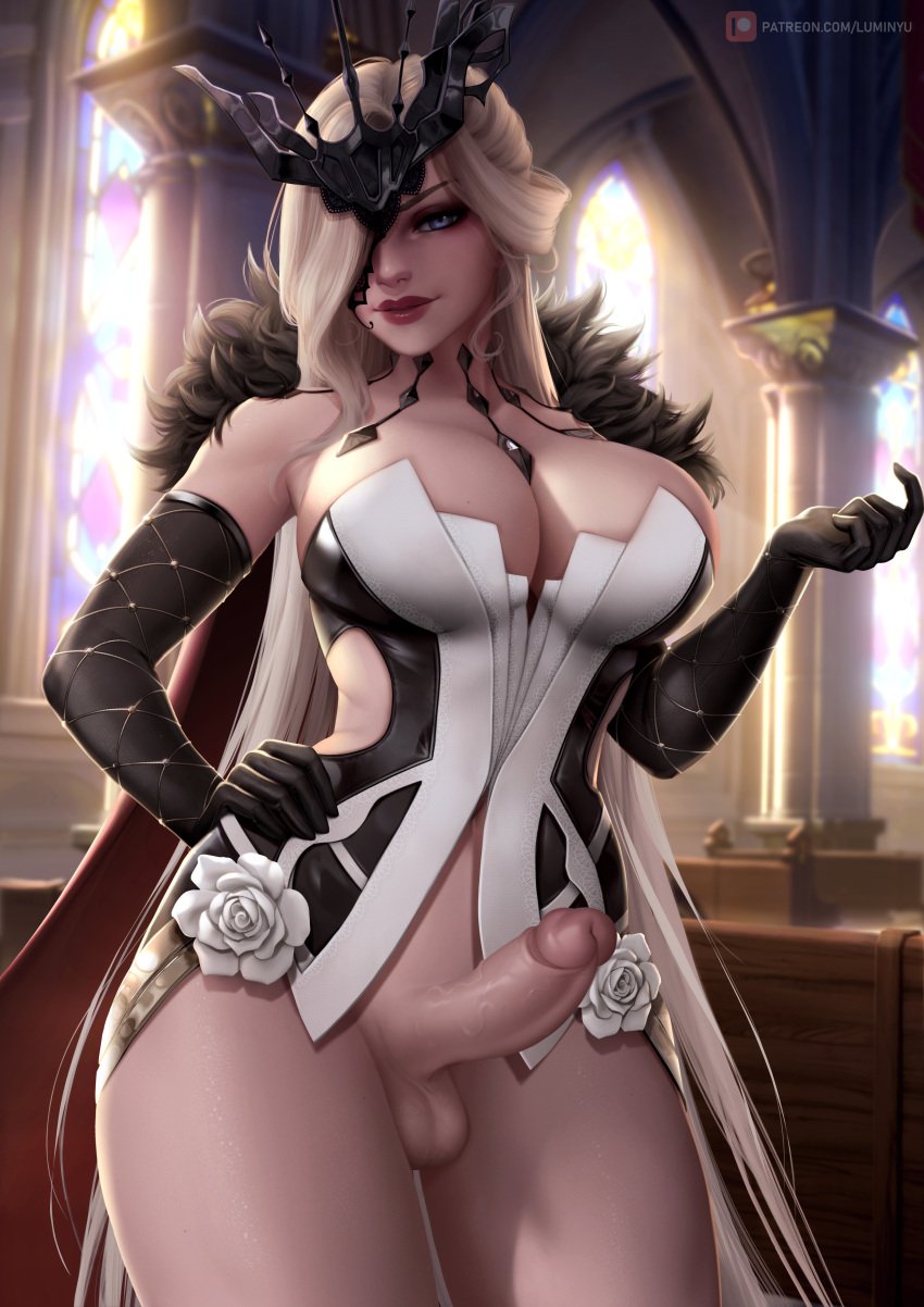 1futa absurd_res background balls big_breasts big_penis blonde_hair blue_eyes bottomless bottomless_futanari breasts cape cathedral cleavage clothed clothing detailed_background dickgirl dominant_futanari dominatrix dress erection fur fur_cape fur_trim futa_only futanari genshin_impact gloves hair_ornament hair_over_one_eye hand_on_hip hi_res high_resolution highres hips large_breasts large_penis long_gloves long_hair looking_at_viewer luminyu partially_clothed penis penis_out platinum_blonde_hair red_lips signora_(genshin_impact) smooth_skin solo standing thick_hips thick_penis thick_thighs thighs veiny_penis very_long_hair white_rose