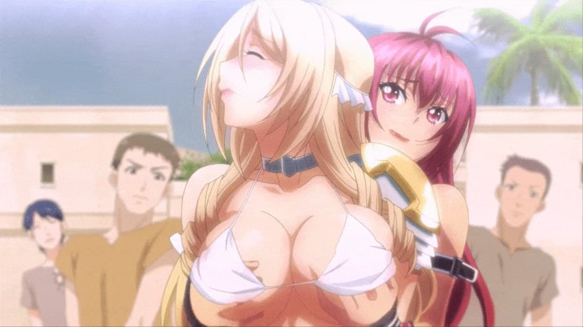 2010s 3boys 3girls ahe_gao ahoge animated animated_gif background_characters bare_shoulders big_breasts bikini bikini_top bikini_warriors blonde_hair blush braided_hair breast_focus breast_fondling breast_grab breasts busty choker closed_eyes curvy dark_elf_(bikini_warriors) dark_skin day drill_hair elf embarrassed exposed_breasts female fighter_(bikini_warriors) fondling fondling_breast grabbing groping groping_breasts groping_from_behind hair hand_in_bikini hand_on_breast human large_breasts long_hair magenta_hair multiple_boys oppai outside paladin_(bikini_warriors) pale_skin pink_nipples pointy_ears purple_eyes questionable_consent red_lips shoulders standing sunlight topless turban upper_body voluptuous white_bikini yuri