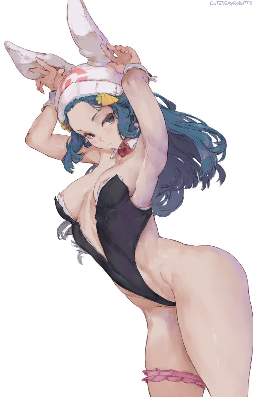 1girls absurd_res alternate_breast_size areola_slip artist_name blue_eyes blue_hair breasts bunny_ears bunnysuit carrot_hair_ornament cleavage curvy cutesexyrobutts dawn_(pokemon) female female_only hair_ornament hi_res human long_hair medium_breasts nintendo nipple_slip nipples pokemon pokemon_dppt pose revealing_clothes signature solo thighs white_background wide_hips