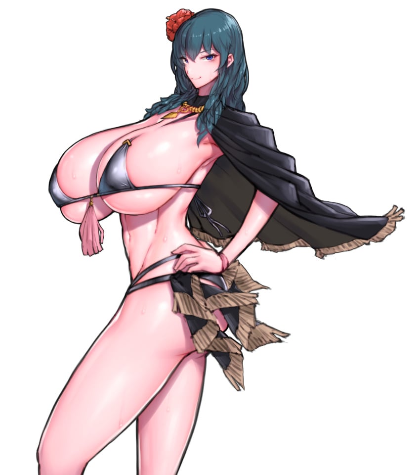 1girls alternate_breast_size armpit big_thighs bikini black_bikini blue_hair breasts breasts_bigger_than_head byleth_(fire_emblem) byleth_(fire_emblem)_(female) byleth_(summer)_(fire_emblem)_(female) cloak female female_focus female_only fire_emblem fire_emblem:_three_houses fire_emblem_heroes flower flower_in_hair hand_on_hip highres huge_breasts large_breasts legs long_hair long_legs looking_at_viewer navel nintendo pinup pose posing simple_background smile sweat tagme toned white_background wolffeld_price