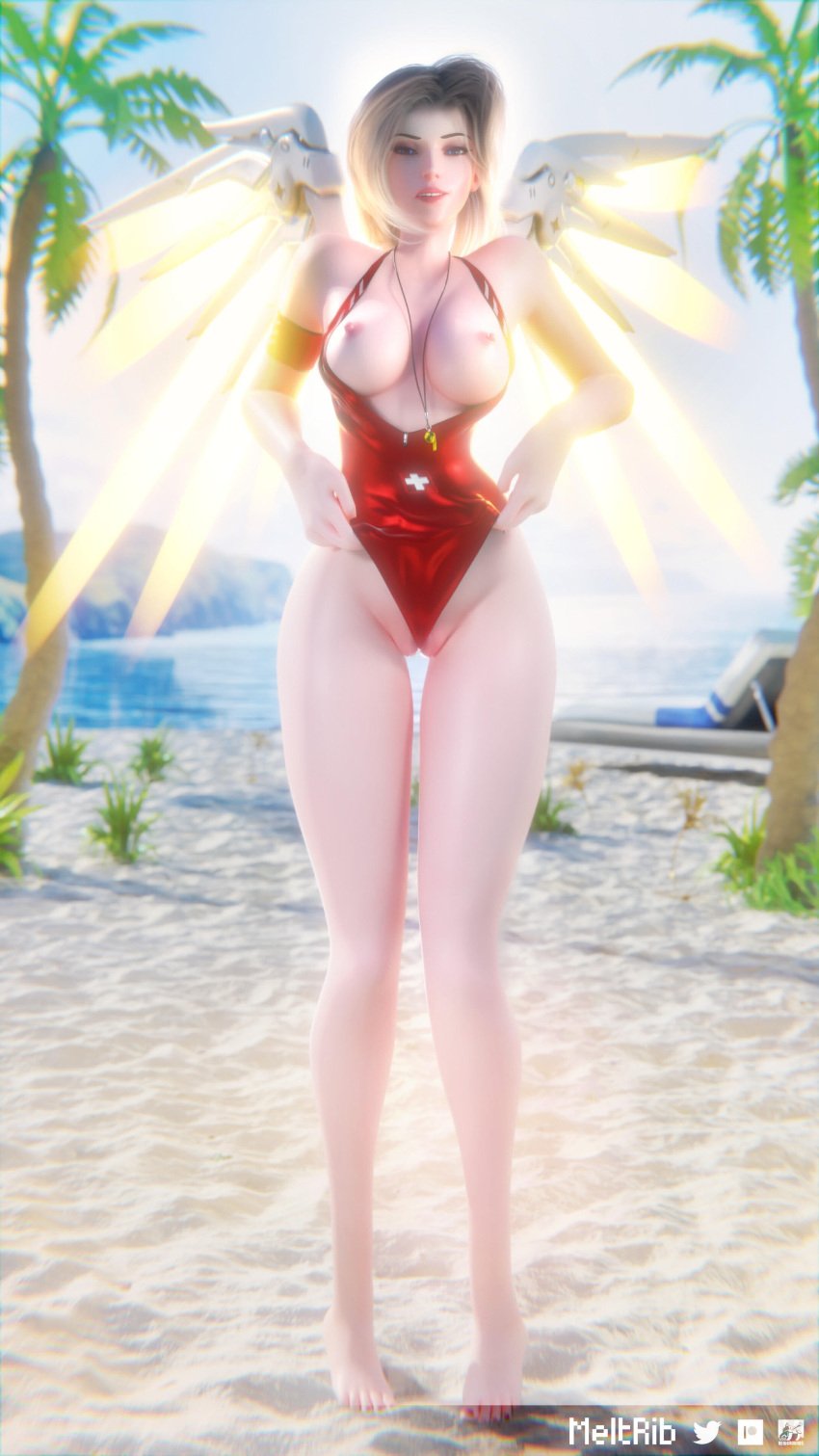 3d angela_ziegler between_labia blizzard_entertainment blonde_hair exposed_breasts exposed_nipples innie_pussy lifeguard_mercy looking_at_viewer lowres meltrib mercy one-piece_swimsuit overwatch pulling_clothing solo