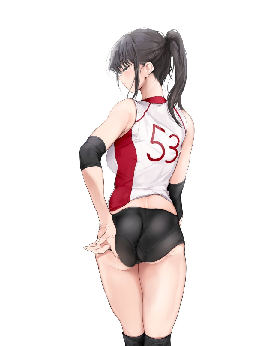 1girls absurdres asian ass back black_eyes black_hair blush breasts butt dark_blue_hair dat_ass elbow_pads female fringe grey_eyes highres komi-san_wa_komyushou_desu komi_shouko long_hair looking_at_viewer mamimi_(artist) mamimi_(mamamimi) pale-skinned_female pantylines petite ponytail presenting_ass purple_eyes purple_hair schoolgirl shorts simple_background small_ass solo sportswear volleyball_uniform white_background