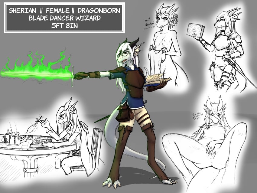 2_horns 4:3 absurd_res adventurer anearbyanimal anthro clothed clothed/nude clothing dragon dragonborn english_text eyewear female fire glasses hi_res horn inviting leather leather_clothing magic_user melee_weapon nude solo spellbook studying sword text weapon