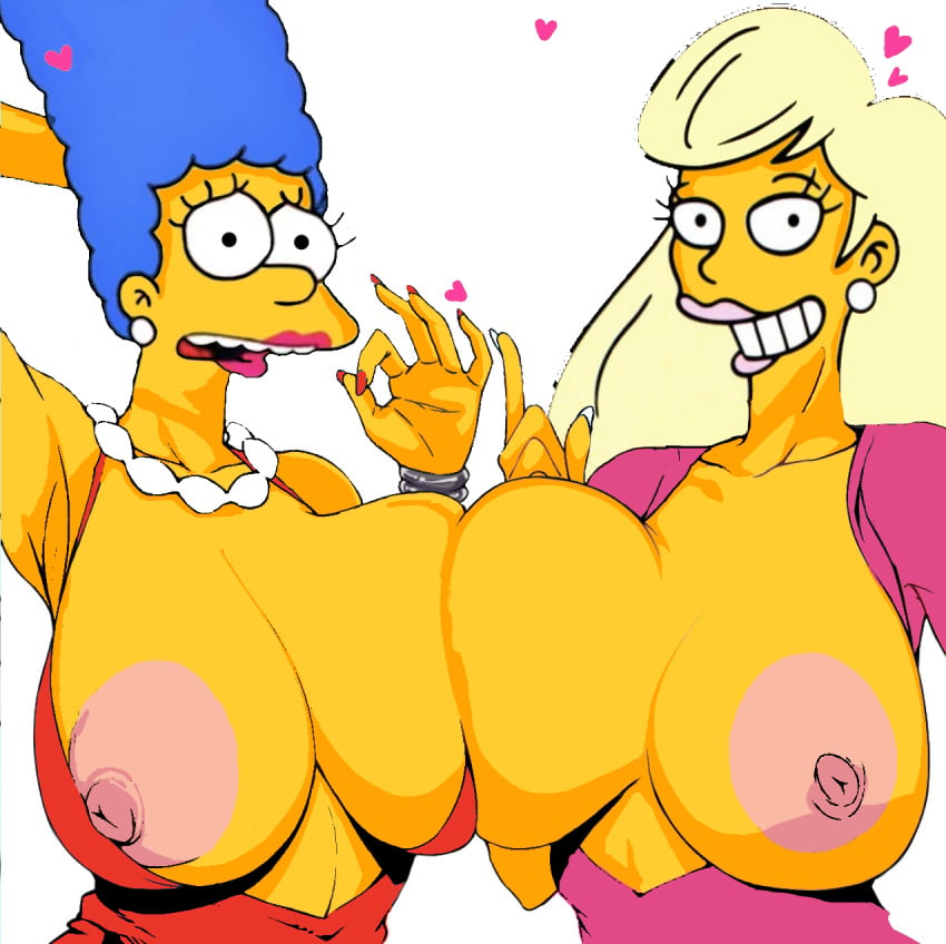 alternate_breast_size big_breasts blonde_hair blue_hair breast_press breast_squeeze breast_squish breast_to_breast breasts_bigger_than_head breasts_out breasts_out_of_clothes breasts_to_breasts dress edit embarrassed exposed_breasts huge_breasts jewelry lipstick marge_simpson milf nail_polish nipple_slip nipples shirt smile squeezing_breast the_simpsons titania_(the_simpsons) traced