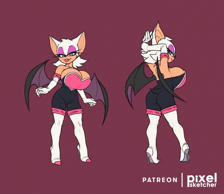 anthro ass bat boot breasts chiropteran clothed clothing eyelashes eyeshadow female gloves hair lipstick makeup mammal pixelsketcher rouge_the_bat sonic_(series) suit tan_body tan_skin white_body white_hair wings