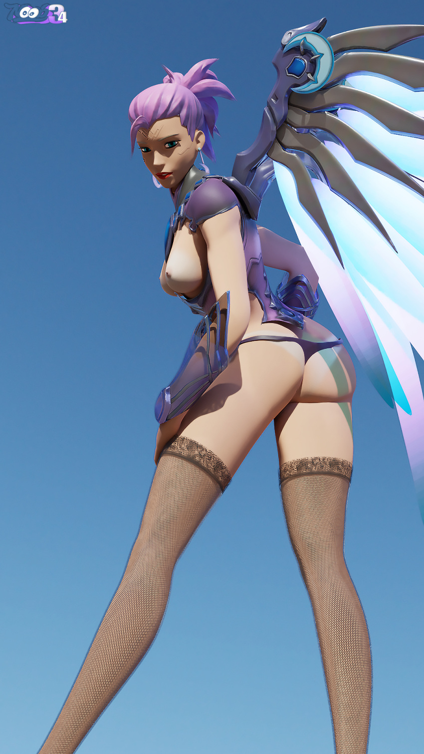 1girls 3d alternate_costume ass atlantic_mercy beach blizzard_entertainment blue_hair breasts exposed_breasts female female_only fishnets hand_on_hip lingerie looking_at_viewer mercy noob34 overwatch overwatch_2 overwatch_league pinup solo stockings