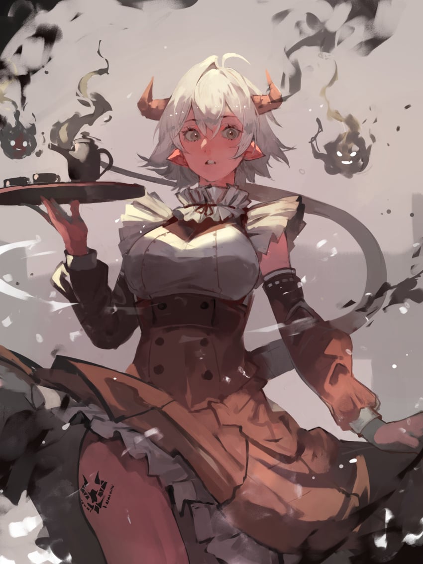 absurdres ahoge ass_tattoo black_fire colored_skin cup demon_girl demon_horns demon_tail detached_sleeves dokuro_deluxe dress female fire flame floating frilled_dress frilled_neckwear frills grey_eyes grey_hair hair_between_eyes highres holding holding_plate horns maid medium_hair original parted_lips plate pointy_ears red_skin short_hair spirit tail tattoo teeth