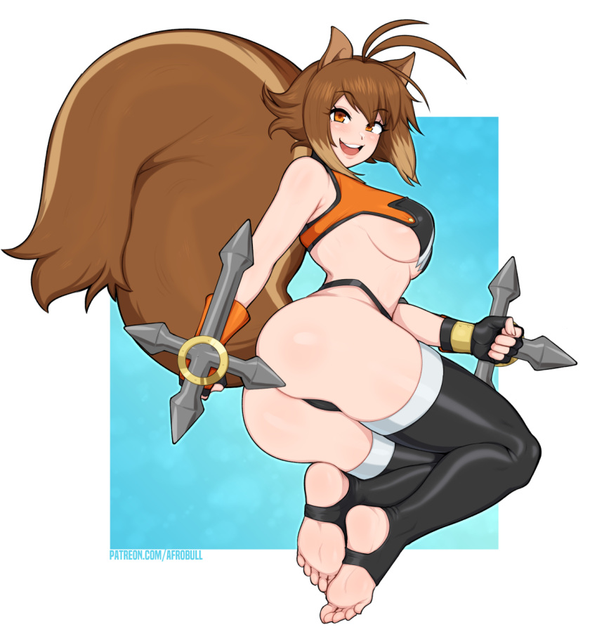 1girls afrobull ass big_breasts big_tail blazblue brown_hair feet female female_focus female_only makoto_nanaya short_hair soles solo solo_female solo_focus squirrel_ears squirrel_tail stirrup_legwear toeless_legwear toes underboob