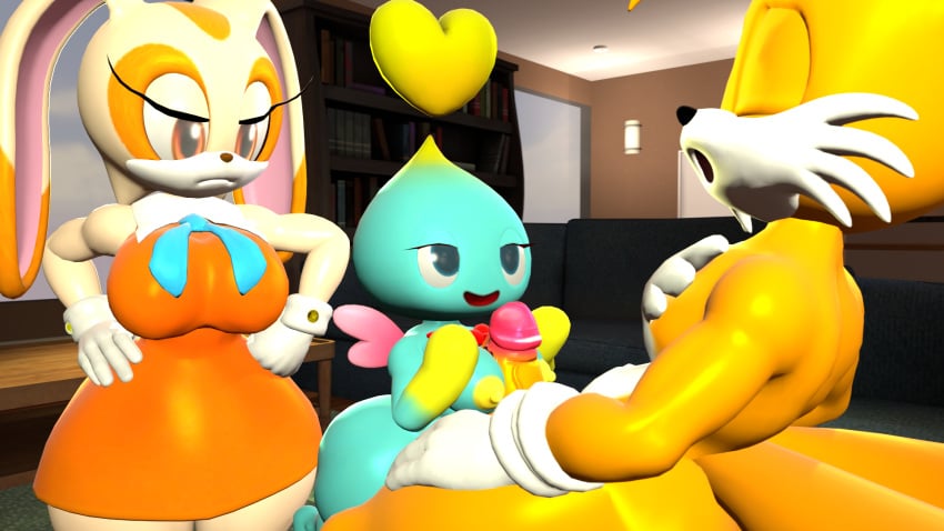 3d 3d_(artwork) angry anthro blue_body breasts chao_(sonic) cheese_the_chao clothing cream_the_rabbit dress eyes_closed fox hands_on_hips jealous long_ears nackey nipples orange_body outercourse paizuri penis rabbit rule_63 sonic_(series) tails tan_body white_body