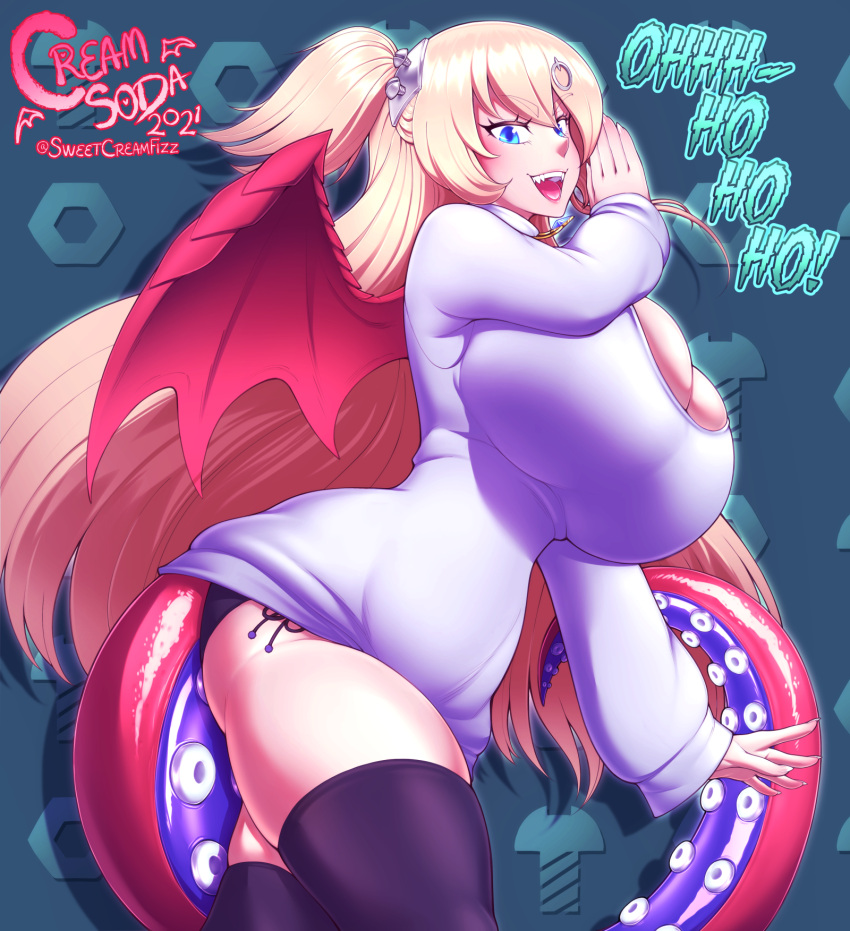 1girls bat_wings big_ass blonde_hair breasts cleavage cleavage_cutout fangs female hime_hajime huge_breasts laughing long_hair looking_at_viewer monster_girl ojou-sama_pose panties screw signature solo stockings stomach_bulge sweater sweetcreamfizz tagme tentacle thick thick_thighs virtual_youtuber voluptuous vshojo