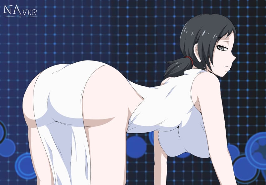 all_fours big_ass big_butt black_hair clothing color dangling_breasts devil_survivor devil_survivor_2 dress fumi_kanno grey_eyes huge_breasts kanno_fumi large_breasts looking_at_viewer looking_back megami_tensei naver shin_megami_tensei tight_clothing twintails unamused