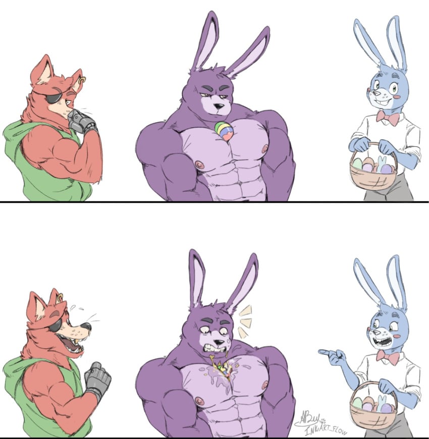 2021 3boys abs animatronic anthro areola barazoku basket biceps big_muscles big_pecs black_eyes black_nose blue_body blue_fur bodily_fluids bonnie_(fnaf) bottomwear bow_tie broken_egg buckteeth canid canine clenched_teeth clothed clothing comic dilated_pupils ear_piercing ear_ring easter easter_basket easter_egg egg egg_shell egg_yolk eye_patch eyelashes eyewear fangs five_nights_at_freddy's five_nights_at_freddy's_2 fox foxy_(fnaf) fur gesture gold_(metal) gold_tooth green_eyes group half-closed_eyes hi_res holidays hoodie inkart_flow lagomorph laugh leporid long_ears looking_aside looking_at_viewer looking_away looking_down machine male male_only mammal messy multicolored_body multicolored_fur muscular narrowed_eyes navel nipples o_o open_mouth pants pecs piercing pirate pointing purple_body purple_eyes purple_fur rabbit raised_arm red_body red_fur robot robotic_hand rosy_cheeks sharp_teeth shirt shocked shocked_expression simple_background smug standing sweat sweater teeth thick_arms tongue topless topless_male topwear toy_bonnie_(fnaf) triceps two_tone_body two_tone_fur video_games white_background wide_eyed yellow_eyes