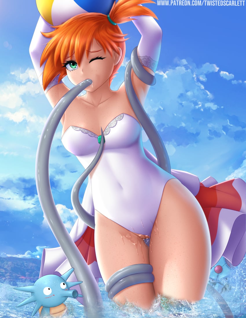 1girls areolae armpits arms_up ball beach_ball being_watched blue_background breasts closed_eyes clouds day dress eyelashes female female_only feral freckles goldeen_(cosplay) green_eyes hair holding horsea human human_only jellyfish kasumi_(pokemon) legs looking_at_viewer navel nintendo open_smile orange_hair partially_submerged pokemon pokemon_(cosplay) pokemon_rgby pokephilia seahorse short_hair side_ponytail size_difference sky smile solo tentacle tentacruel text thick thick_thighs thigh_gap tongue twistedscarlett60 url video_games water watermark wide_hips wink