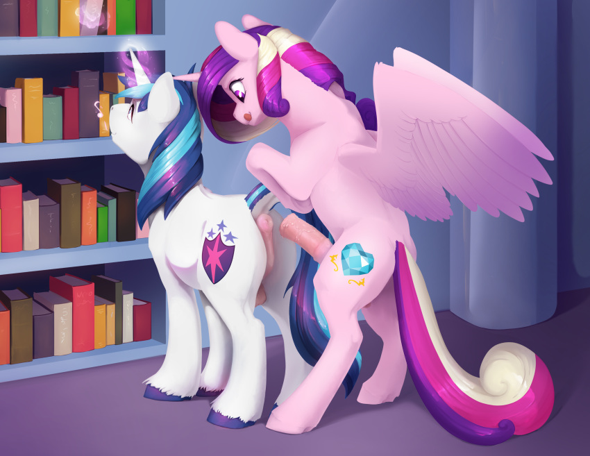 absurd_res alicorn anus balls blue_hair bookshelf equid equine erection female feral friendship_is_magic furniture furry futanari genitals gynomorph gynomorph/male hair hasbro hi_res hooves horn intersex intersex/male licking licking_lips lube lube_on_penis male mammal multicolored_hair my_little_pony penis princess_cadance_(mlp) puffy_anus purple_eyes quadruped shining_armor_(mlp) silfoe tongue tongue_out unicorn wing_boner wings