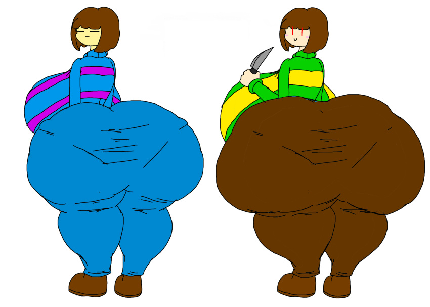 2girls ass_expansion breast_expansion chara frisk ghg121 huge_ass huge_breasts hyper hyper_ass hyper_breasts knife looking_at_viewer looking_back multiple_girls toby_fox undertale