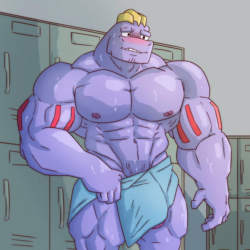 1:1 2021 abs bara barazoku beefburner big_muscles blush bodily_fluids bulge erection flaccid furry genitals hi_res huge_muscles humanoid humanoid_genitalia humanoid_penis inside locker_room machoke male male_only muscular muscular_anthro muscular_humanoid muscular_male navel nintendo nipples not_furry pecs penis penis_tip pokémon_(species) pokemon pokemon_(species) poking_out solo solo_male standing sweat towel towel_only video_games