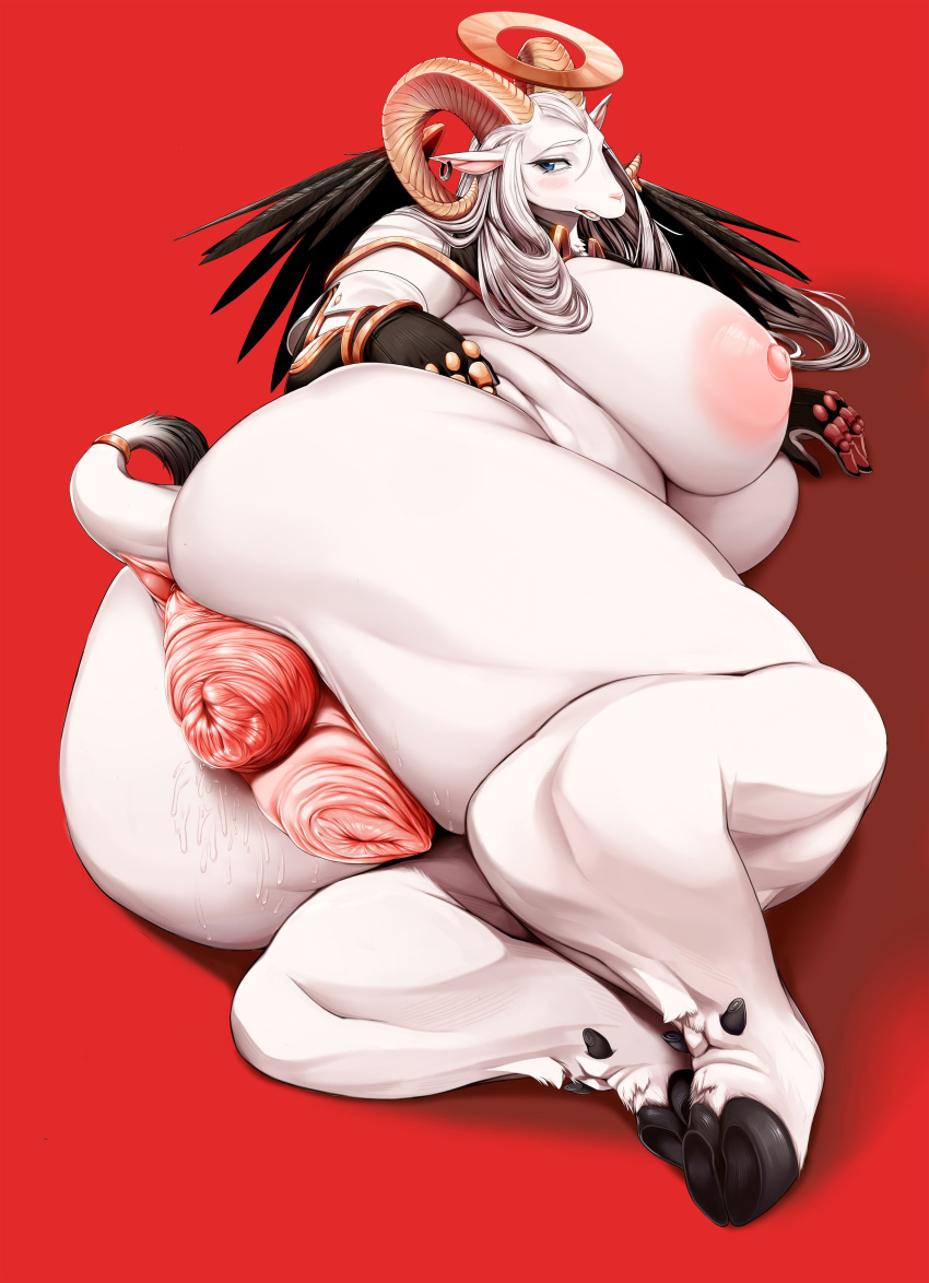 absurd_res anal_prolapse anthro anus ass big_breasts blush bodily_fluids bovid breasts cakewasgood caprine clothing curvy_figure female fur genitals hair hi_res horn kemono mammal prolapse pussy sheep simple_background solo thick_thighs voluptuous white_body white_fur