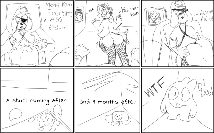 1boy 1girls 5_fingers 6_panel_comic :3 anthro anthro_on_human bedroom_eyes big_ass black_and_white blanket bodily_fluids bottomless brawl_stars canid canine clothed_sex clothing colette_(brawl_stars) colonel_ruffs couch cum dialogue dog_ears edgar_(brawl_stars) ejaculation english_text erection eye_patch fishnets grin hair hair_over_one_eye hand_on_butt hat headphones highres howl human interspecies long_hair long_sleeves looking_back motion_lines no_eyewear no_panties ruffs shirt smile smiling spike_(brawl_stars) squeak_(brawl_stars) teeth television text tongue tongue_out twerking